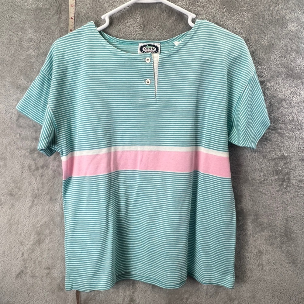 Vintage Izod Lacoste‎ Mens Medium Teal Pink Striped Henley Short Sleeve T-Shirt